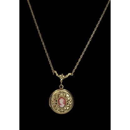 Victorian Romantic Cameo Vintage 1928 Gold Tone Locket Necklace
