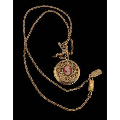 Victorian Romantic Cameo Vintage 1928 Gold Tone Locket Necklace