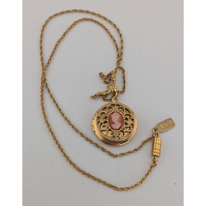 Victorian Romantic Cameo Vintage 1928 Gold Tone Locket Necklace