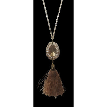 Bohemian Crystal Pendant Necklace With Tassel & Beaded Details