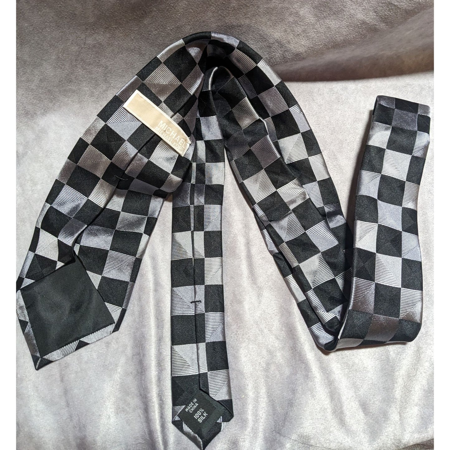 Michael Kors Black And Silver Checkered Silk Tie