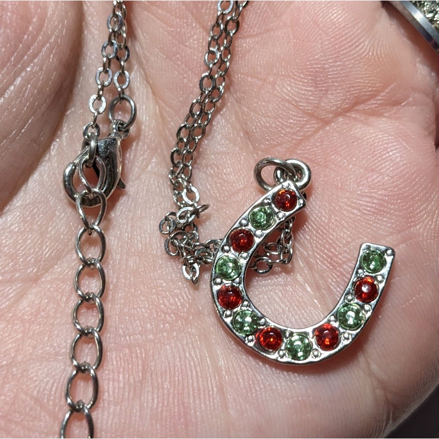 Red And Green Rhinestone Horseshoe Necklace