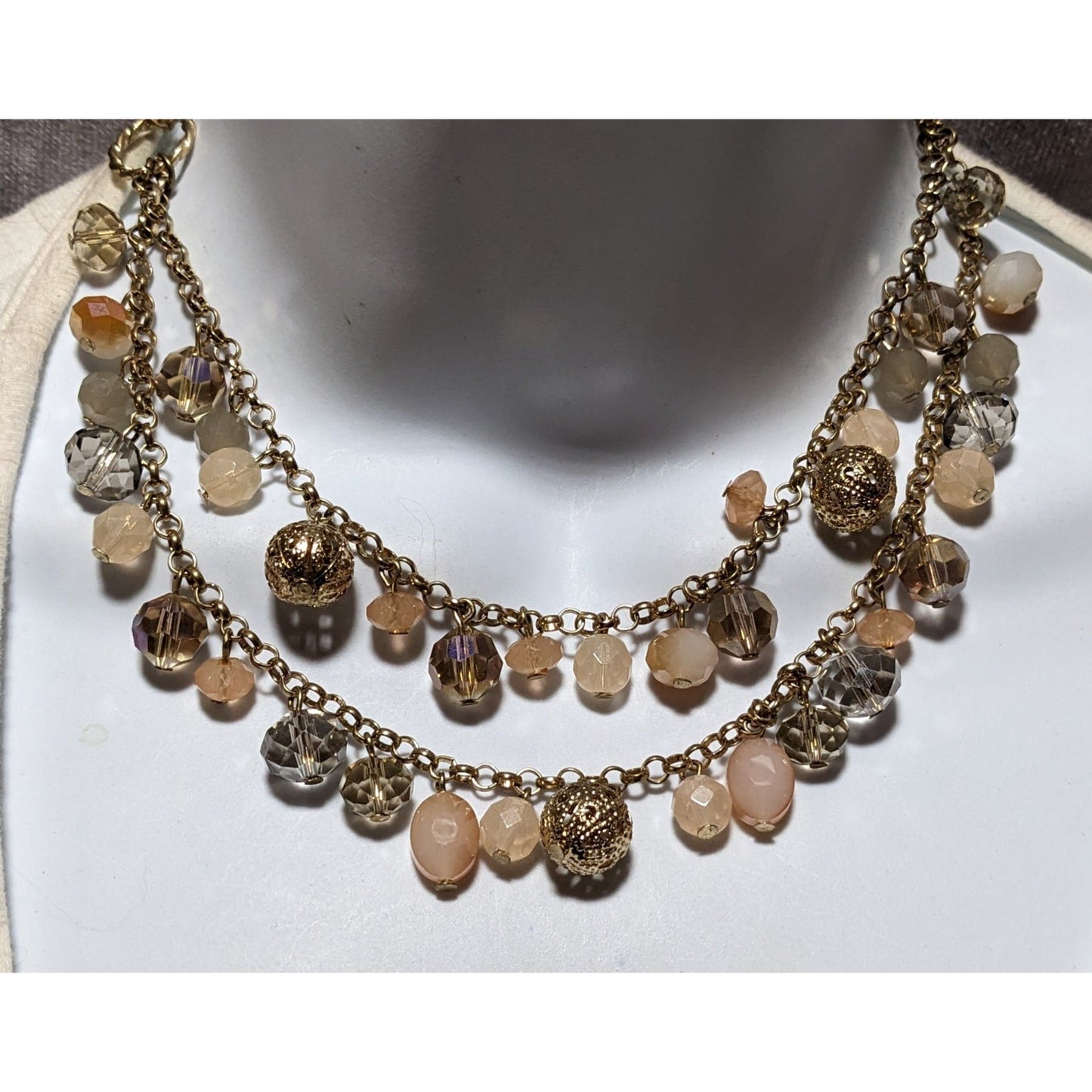 Peach And Gold Multilayer Beaded Necklace