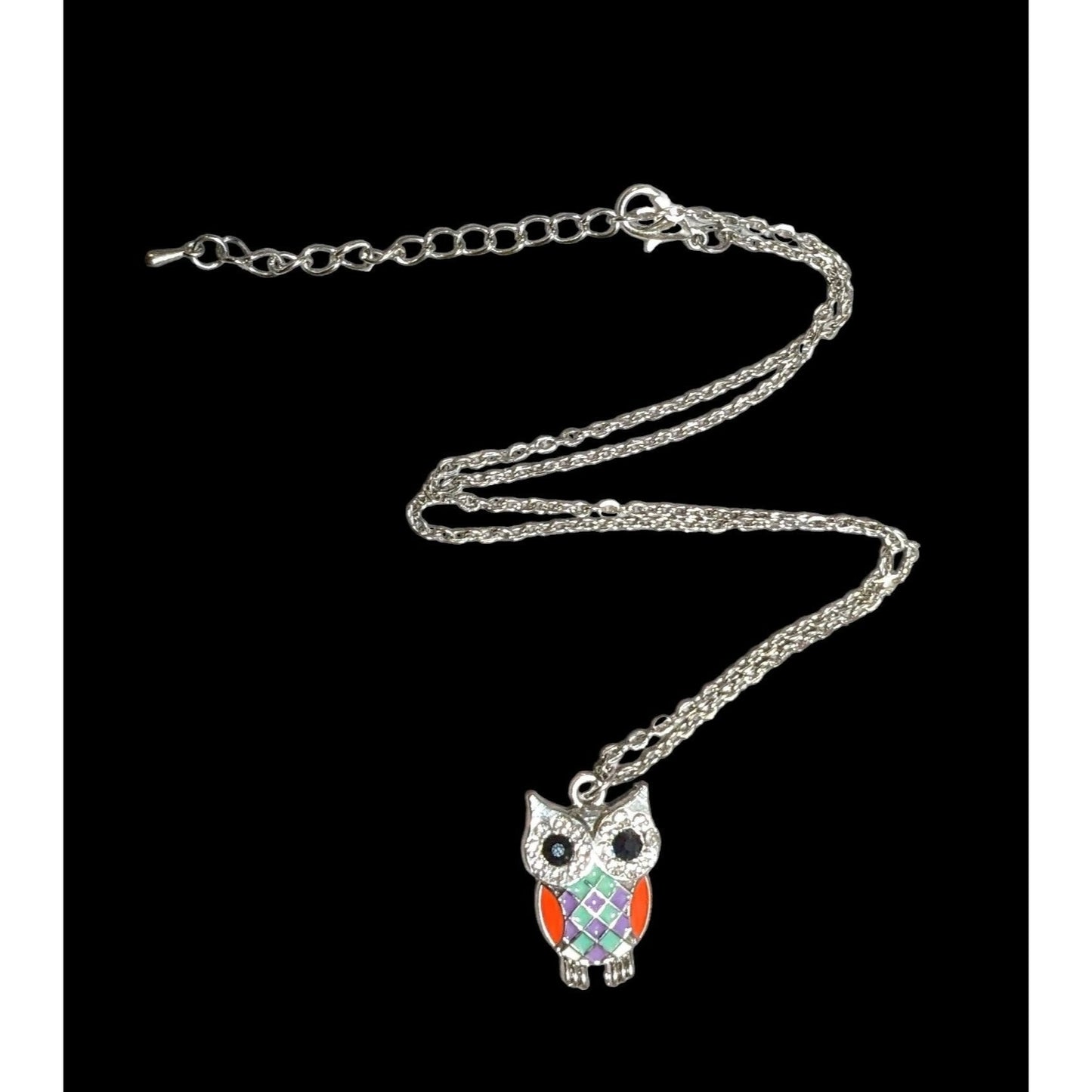 Rainbow Enamel Rhinestone Owl Pendant Necklace