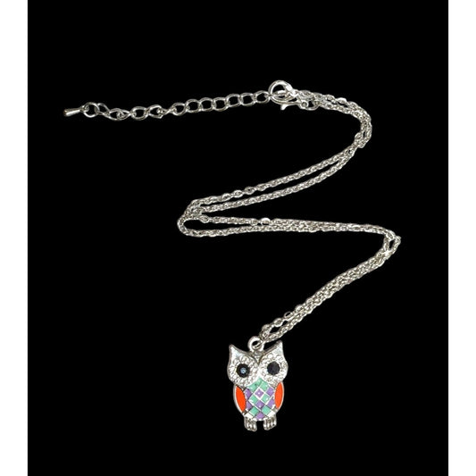 Rainbow Enamel Rhinestone Owl Pendant Necklace