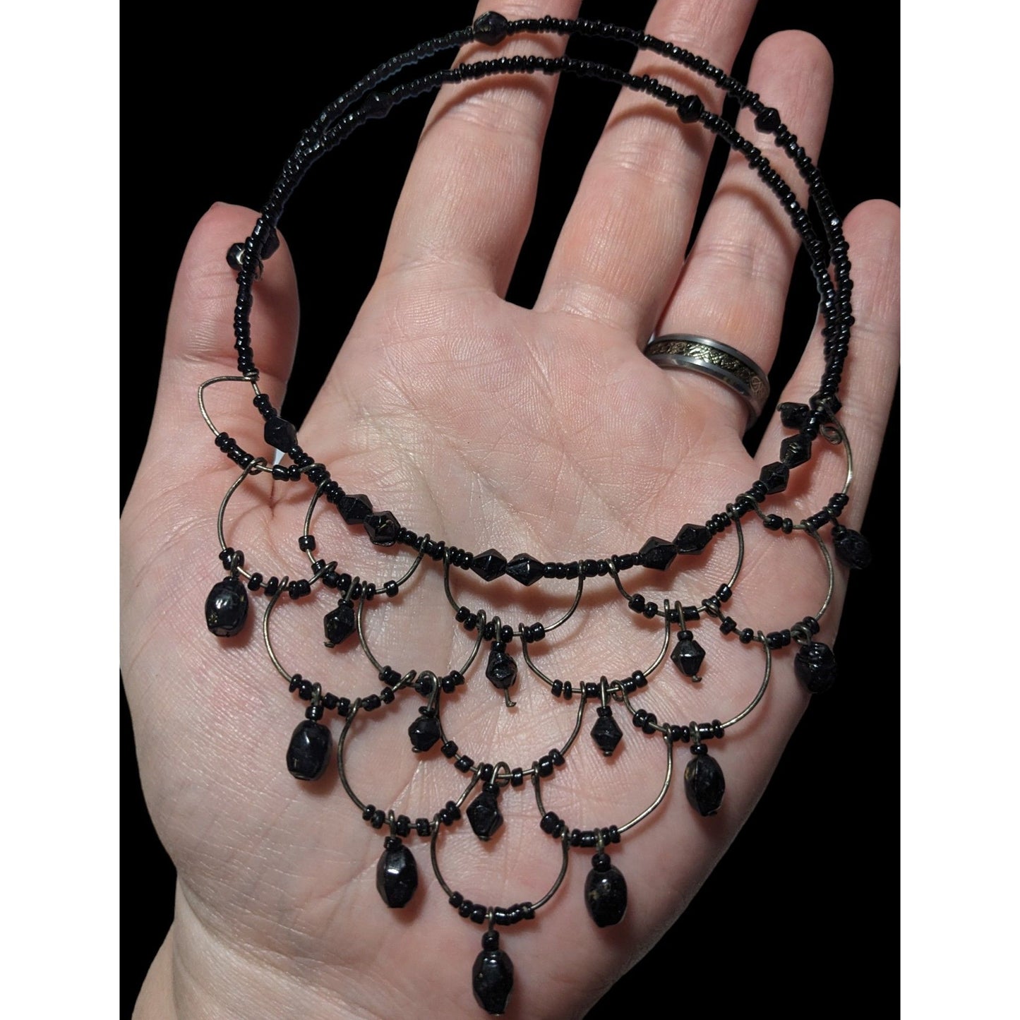 Gothic Beaded Cascade Coil Wire Necklace