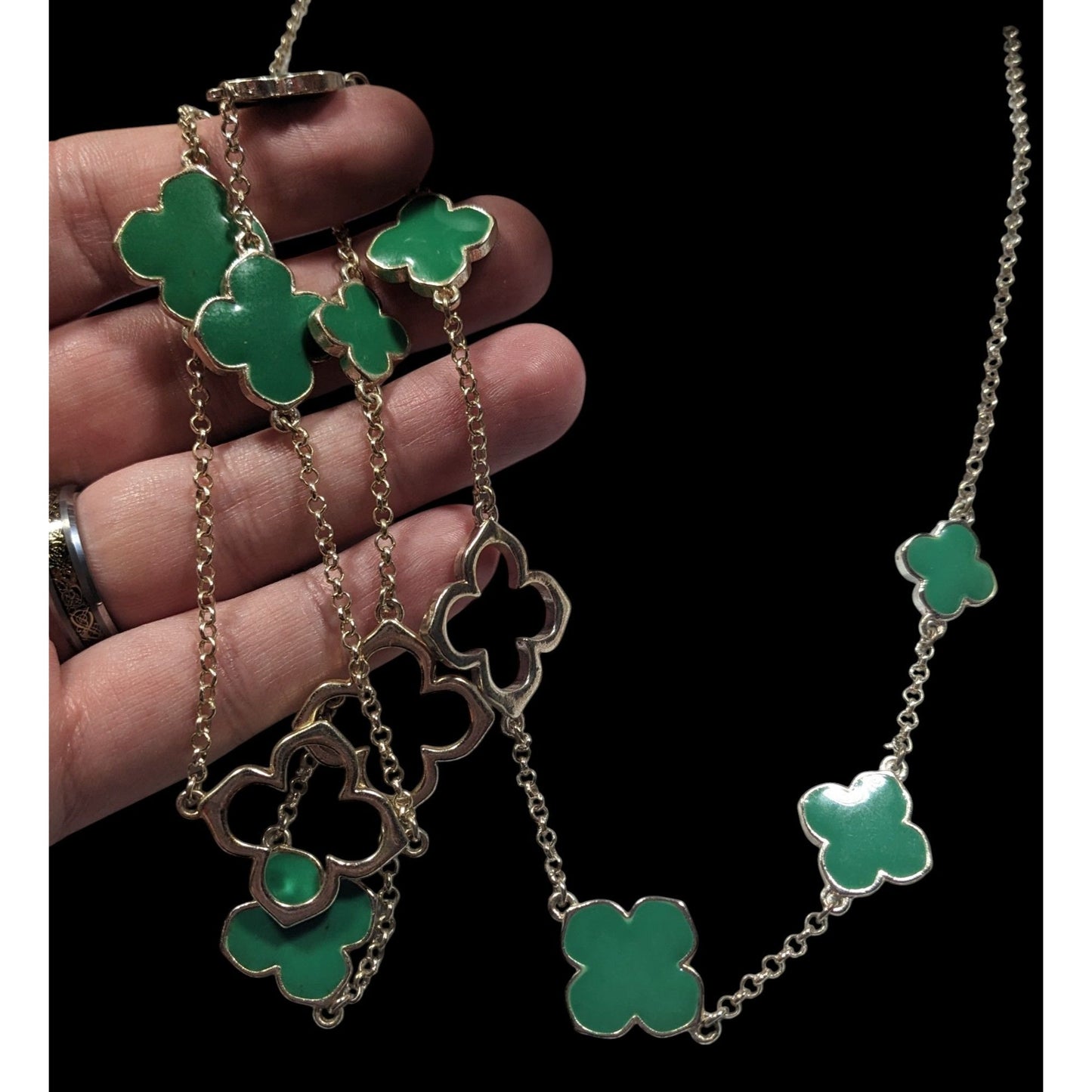 Fairycore Floral Green And Silver Tone Opera Necklace