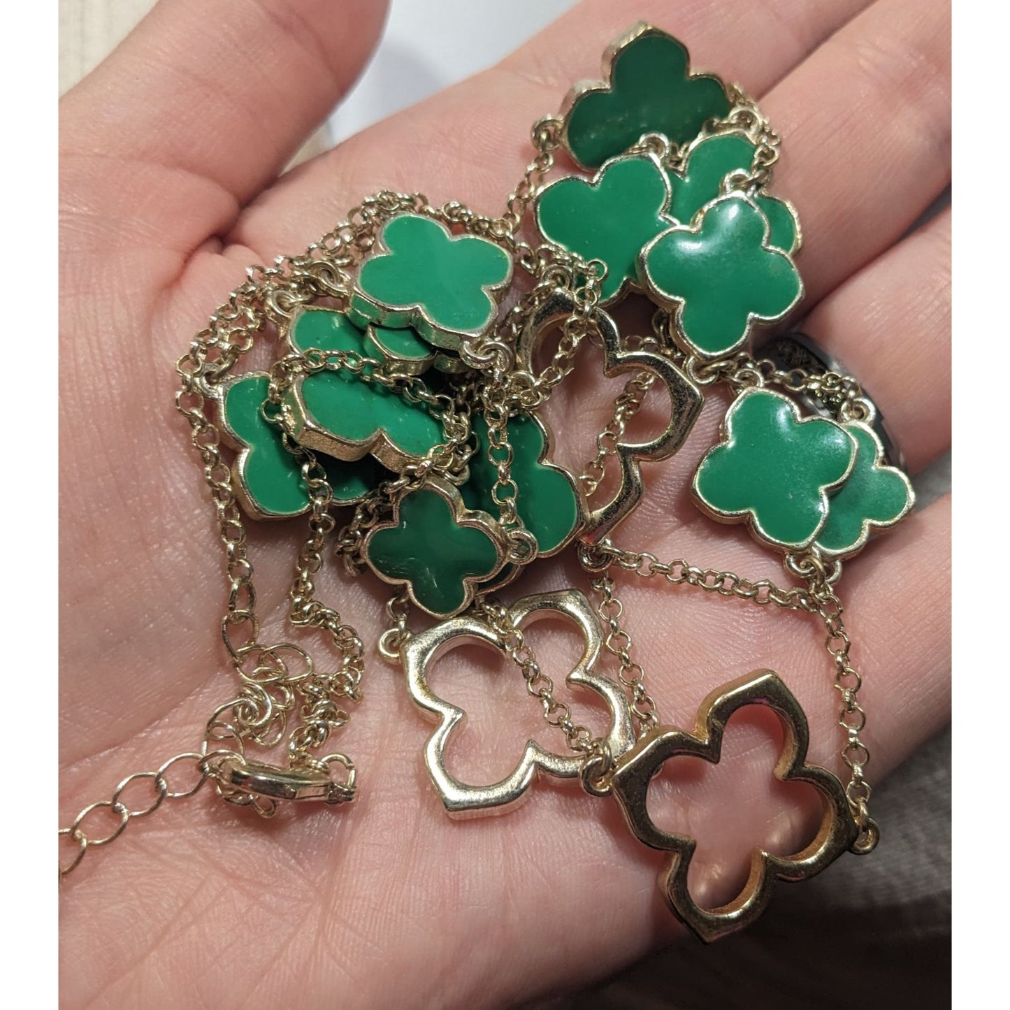 Fairycore Floral Green And Silver Tone Opera Necklace