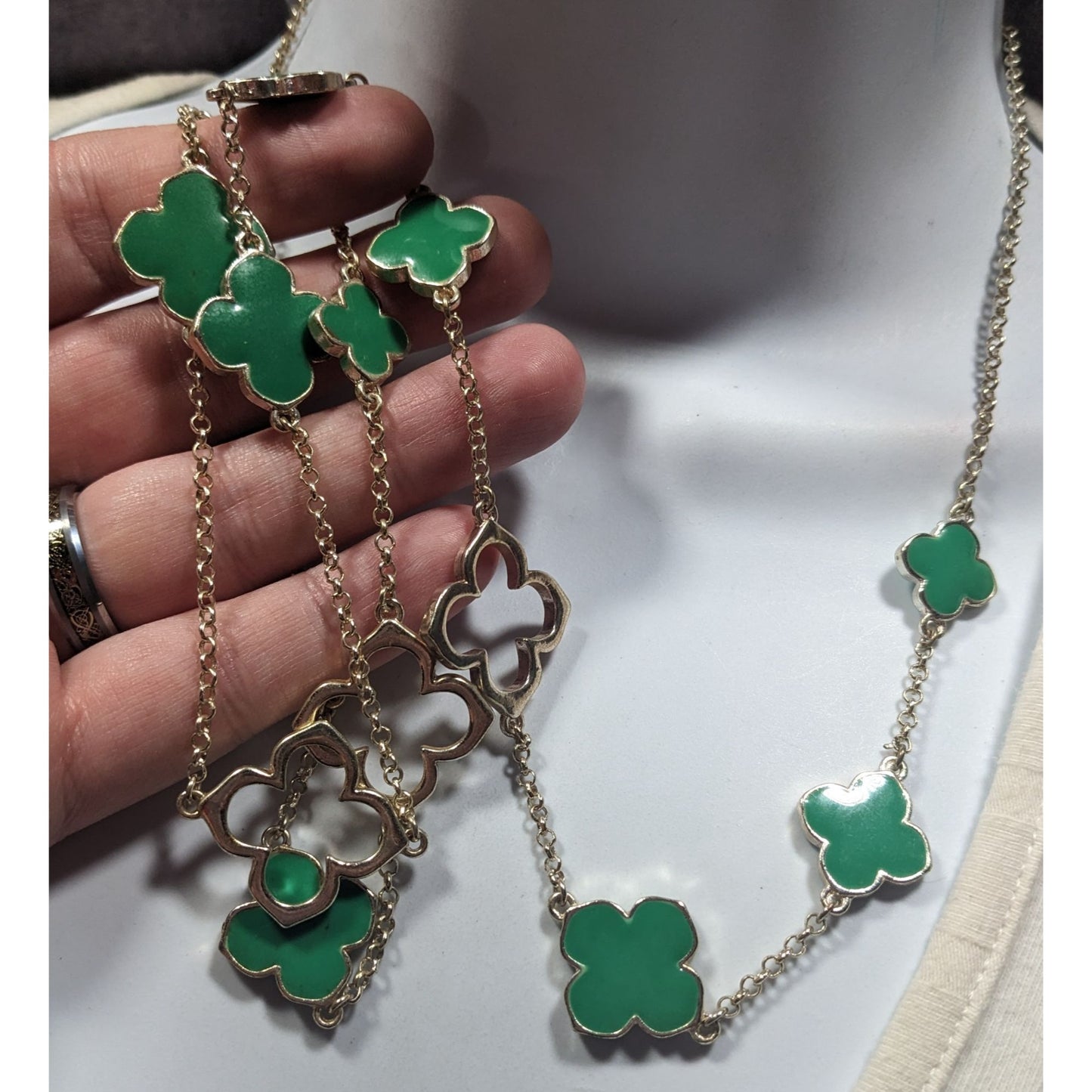 Fairycore Floral Green And Silver Tone Opera Necklace