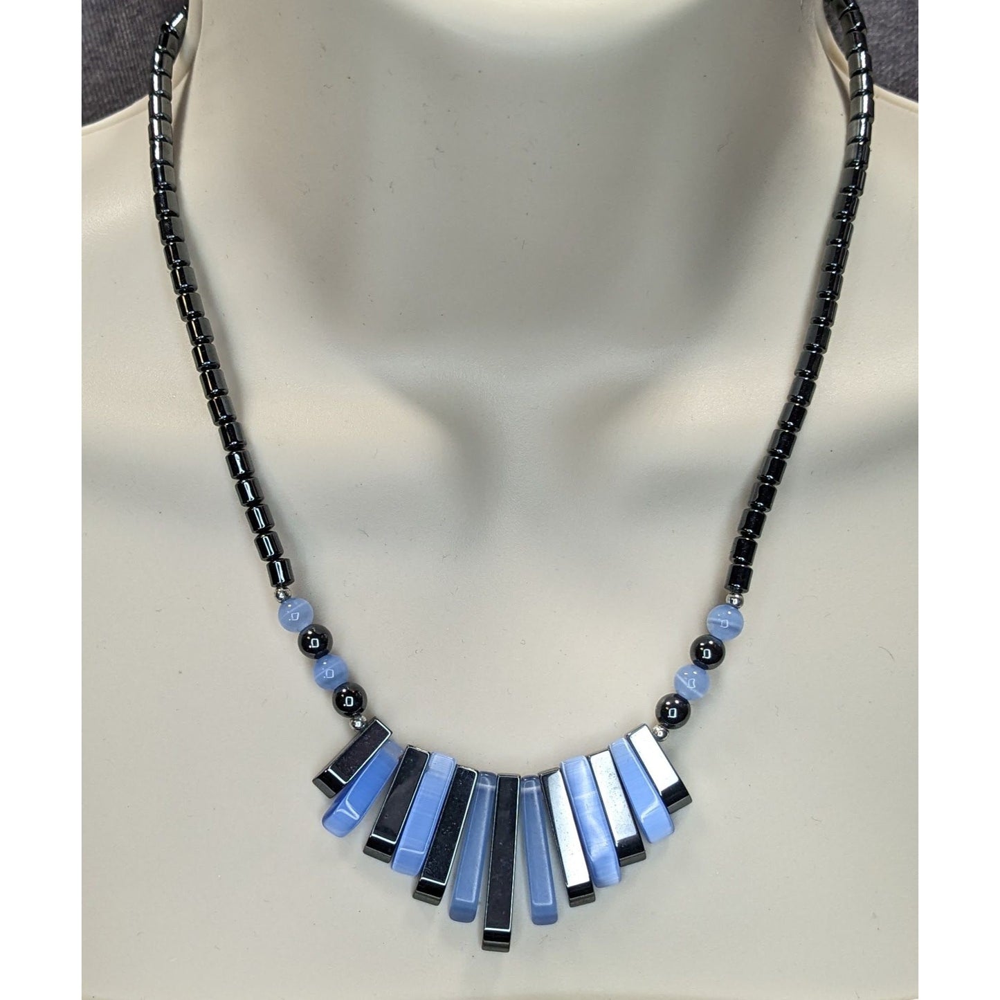 Blue And Black Hematite And Cateye Glass Beaded Statement Necklace