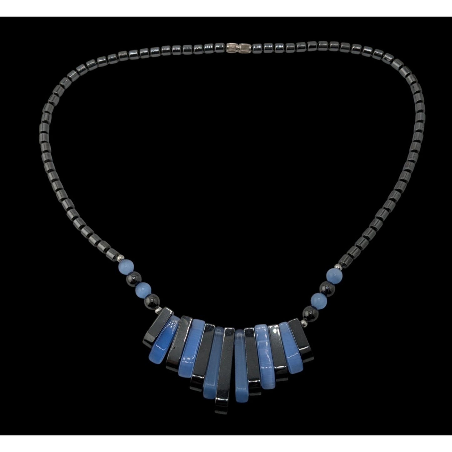 Blue And Black Hematite And Cateye Glass Beaded Statement Necklace
