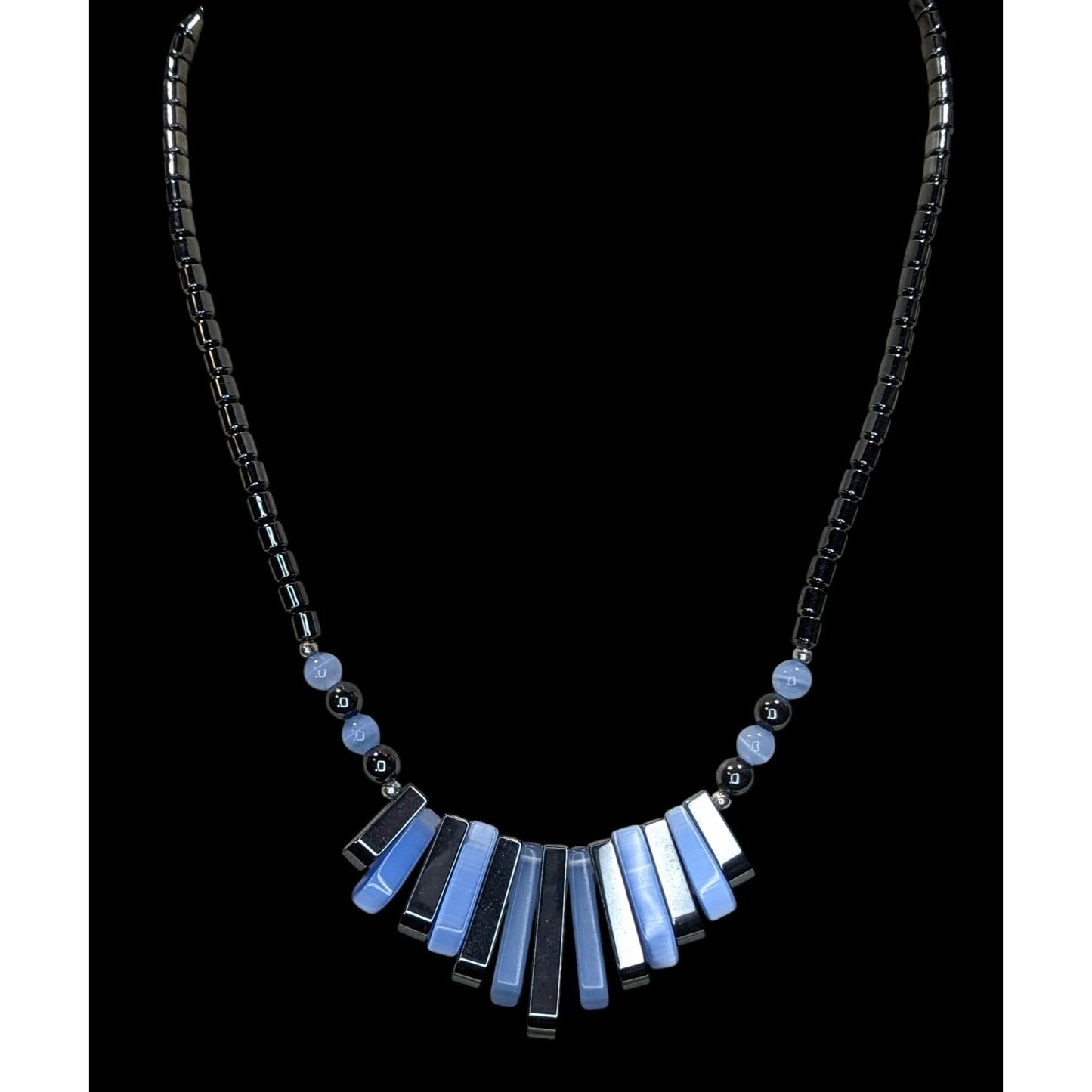 Blue And Black Hematite And Cateye Glass Beaded Statement Necklace