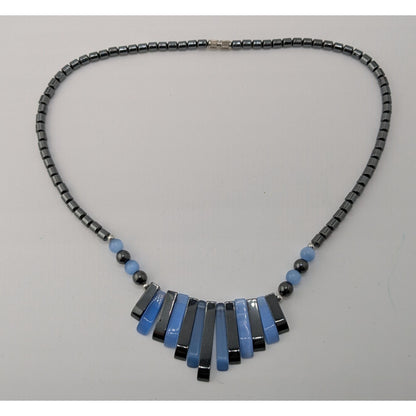 Blue And Black Hematite And Cateye Glass Beaded Statement Necklace