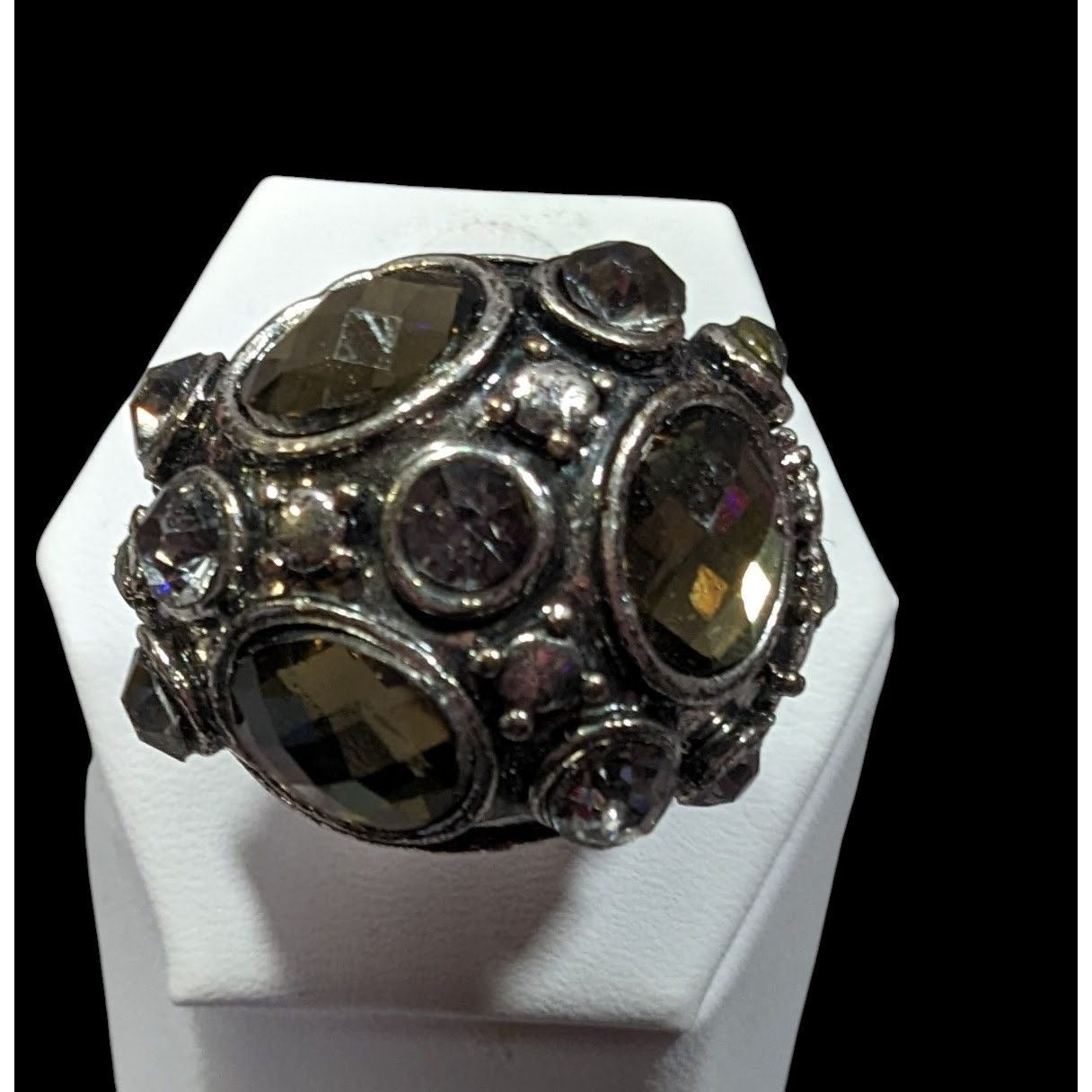 Chunky Brutalist Dome Gemmed Silver Tone Statement Ring Adjustable Size 8