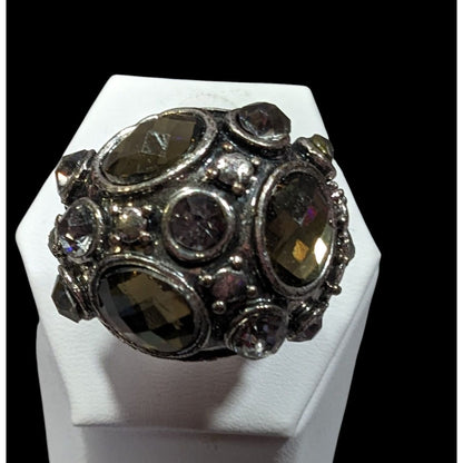 Chunky Brutalist Dome Gemmed Silver Tone Statement Ring Adjustable Size 8