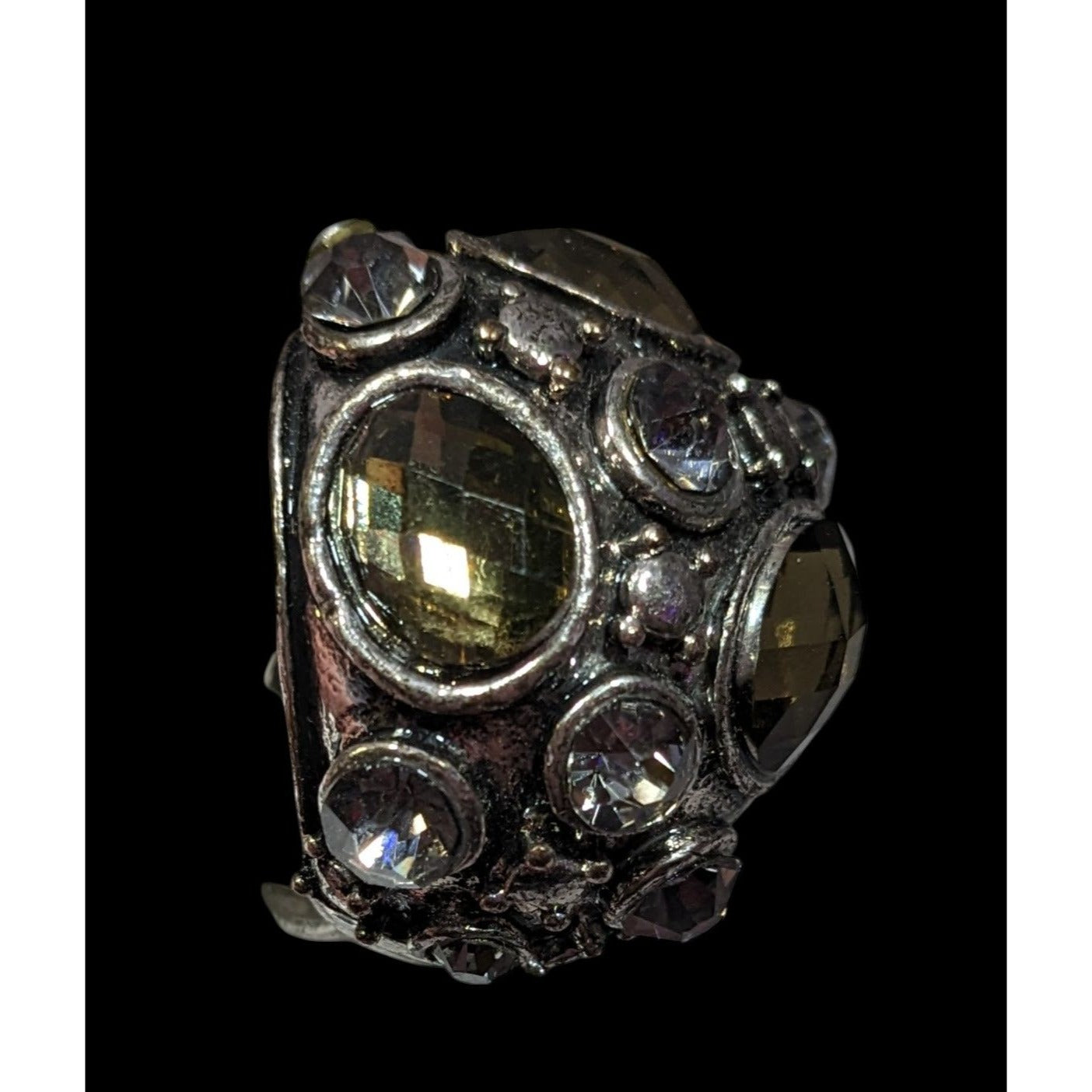 Chunky Brutalist Dome Gemmed Silver Tone Statement Ring Adjustable Size 8