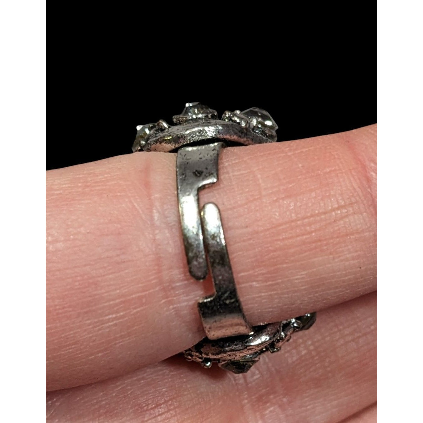 Chunky Brutalist Dome Gemmed Silver Tone Statement Ring Adjustable Size 8