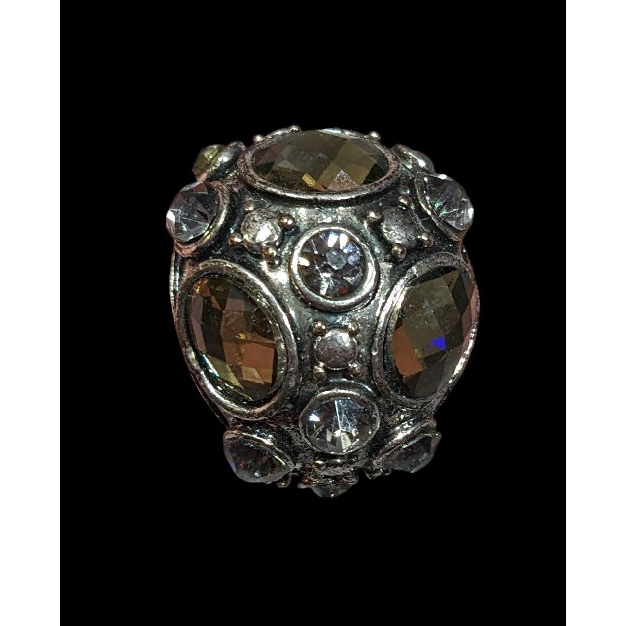 Chunky Brutalist Dome Gemmed Silver Tone Statement Ring Adjustable Size 8