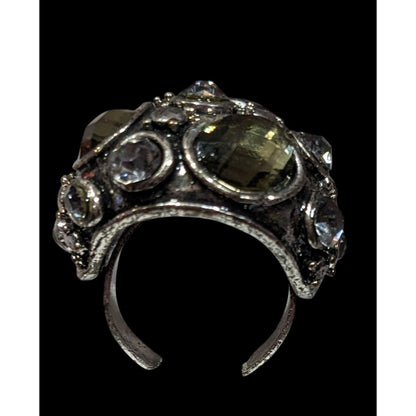 Chunky Brutalist Dome Gemmed Silver Tone Statement Ring Adjustable Size 8