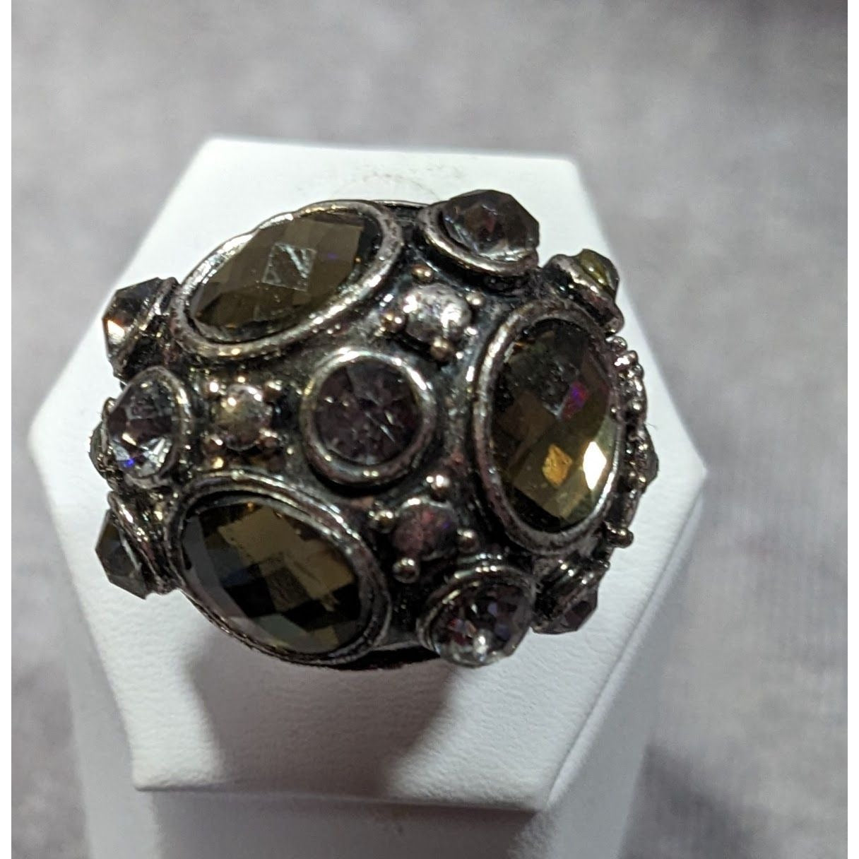 Chunky Brutalist Dome Gemmed Silver Tone Statement Ring Adjustable Size 8