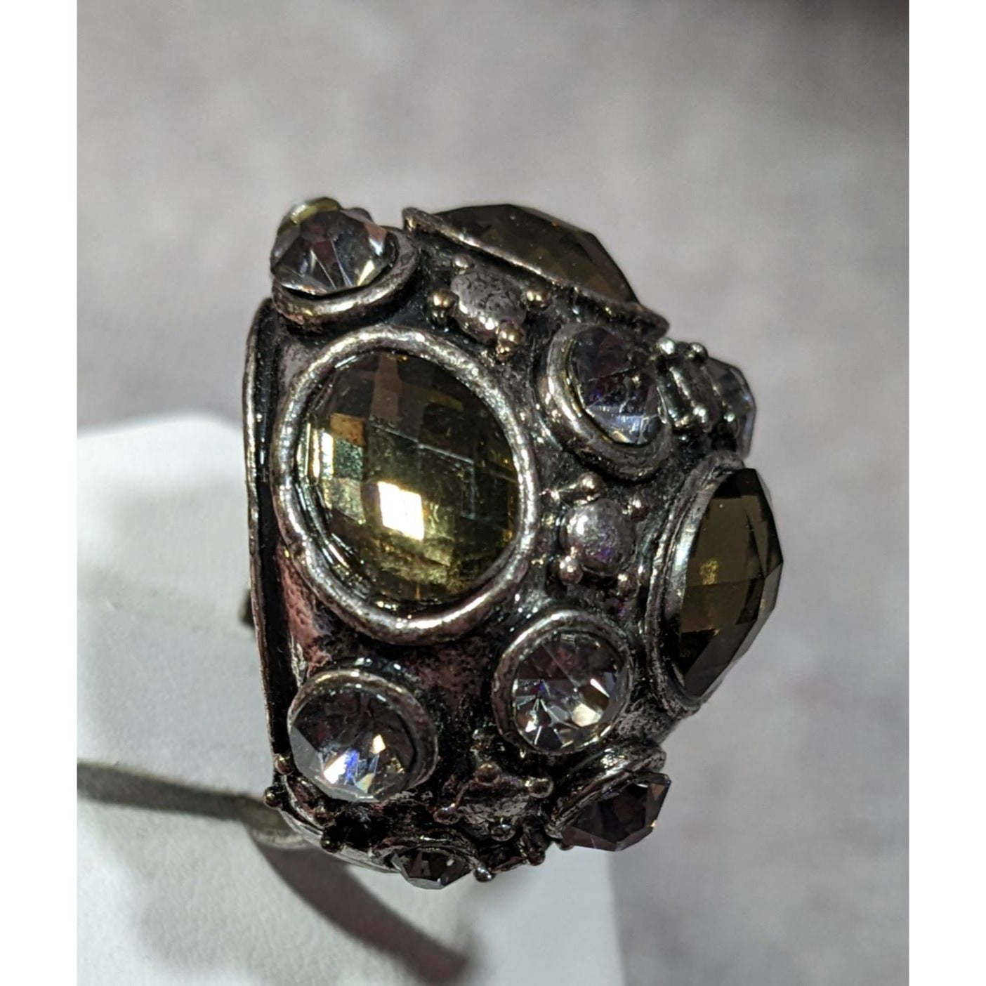 Chunky Brutalist Dome Gemmed Silver Tone Statement Ring Adjustable Size 8