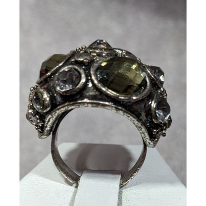 Chunky Brutalist Dome Gemmed Silver Tone Statement Ring Adjustable Size 8