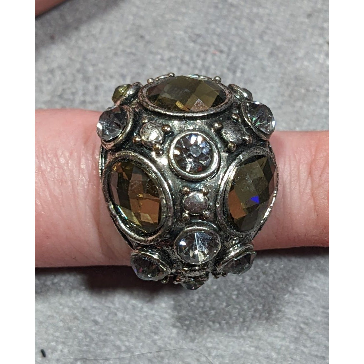 Chunky Brutalist Dome Gemmed Silver Tone Statement Ring Adjustable Size 8