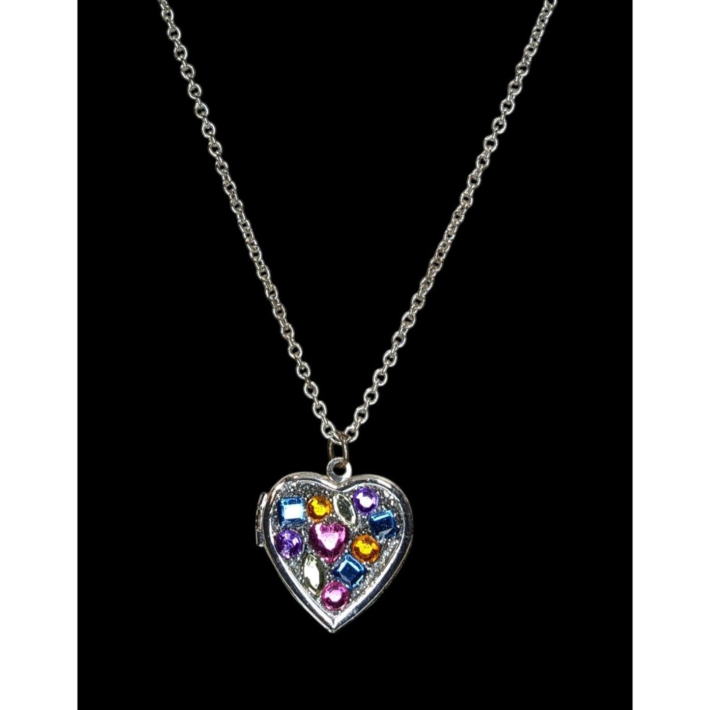 Heart Locket Necklace Rainbow Rhinestone Silver Tone Statement Pendant Cute Y2K Jewelry