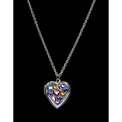 Heart Locket Necklace Rainbow Rhinestone Silver Tone Statement Pendant Cute Y2K Jewelry