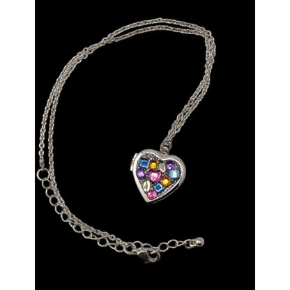 Heart Locket Necklace Rainbow Rhinestone Silver Tone Statement Pendant Cute Y2K Jewelry