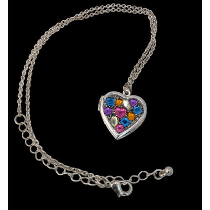 Heart Locket Necklace Rainbow Rhinestone Silver Tone Statement Pendant Cute Y2K Jewelry
