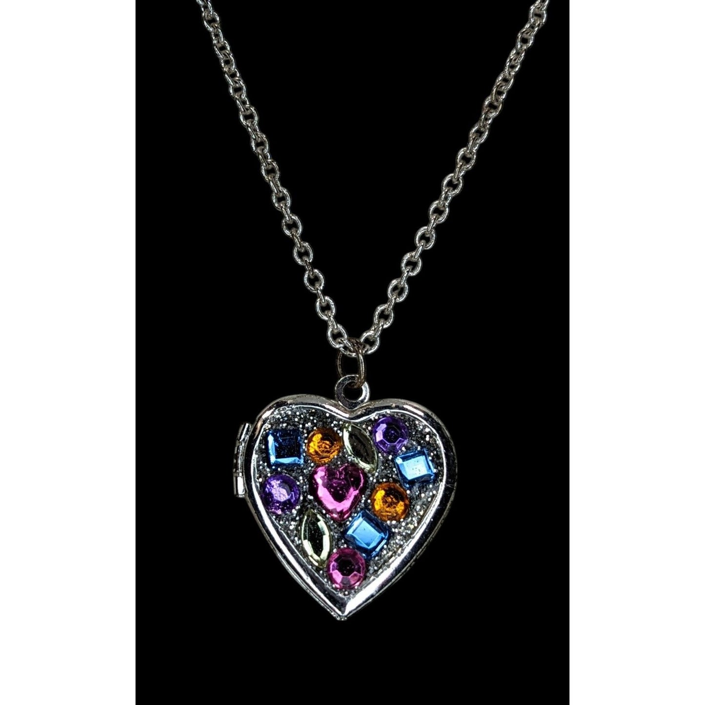 Heart Locket Necklace Rainbow Rhinestone Silver Tone Statement Pendant Cute Y2K Jewelry