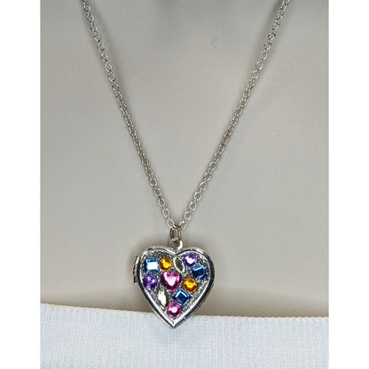 Heart Locket Necklace Rainbow Rhinestone Silver Tone Statement Pendant Cute Y2K Jewelry