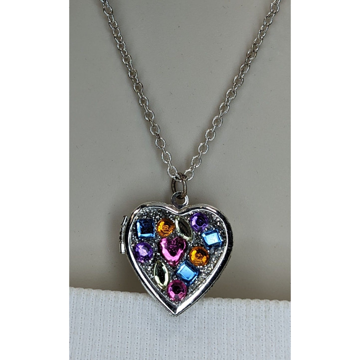 Heart Locket Necklace Rainbow Rhinestone Silver Tone Statement Pendant Cute Y2K Jewelry