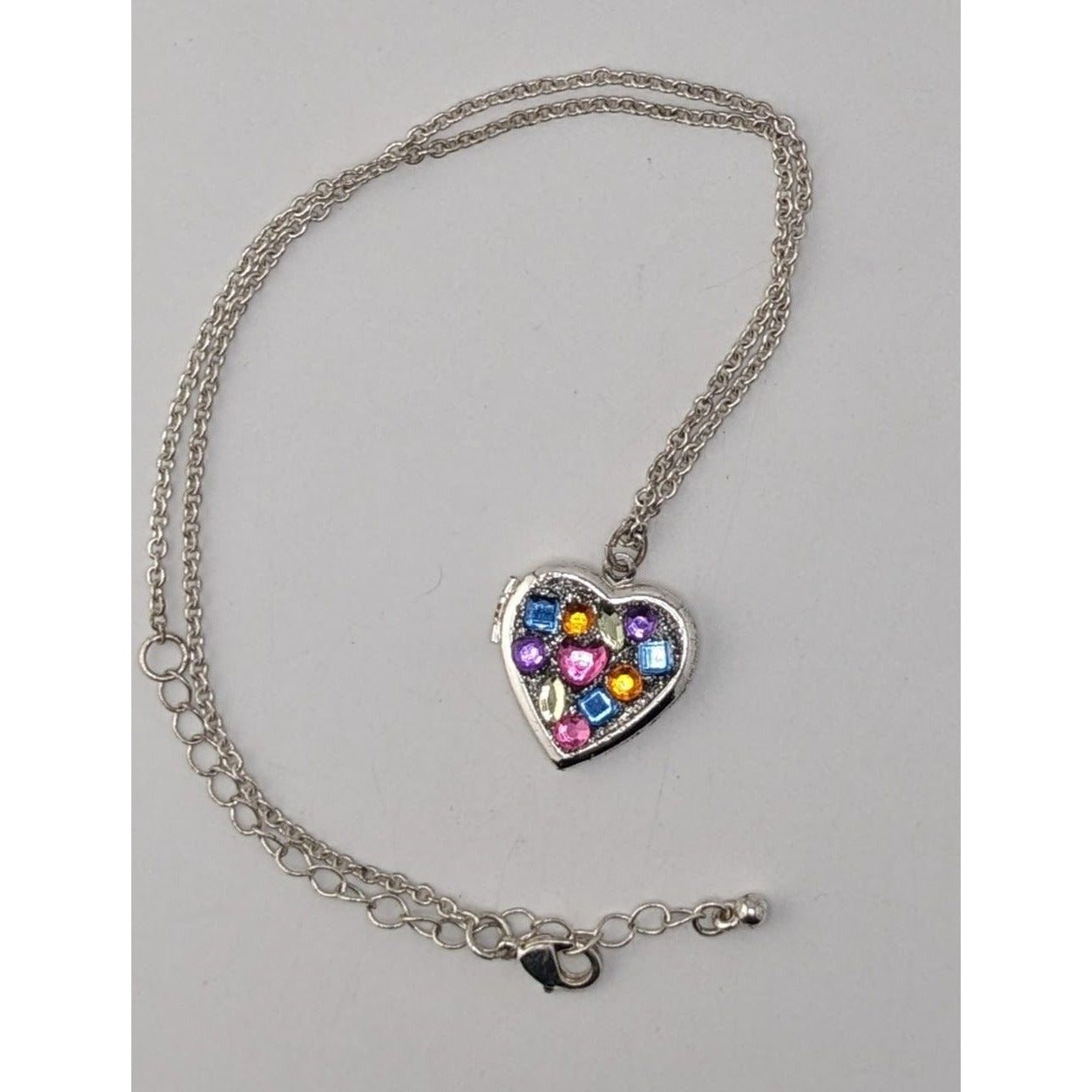Heart Locket Necklace Rainbow Rhinestone Silver Tone Statement Pendant Cute Y2K Jewelry
