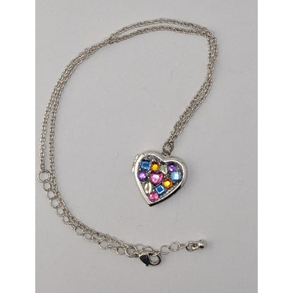 Heart Locket Necklace Rainbow Rhinestone Silver Tone Statement Pendant Cute Y2K Jewelry