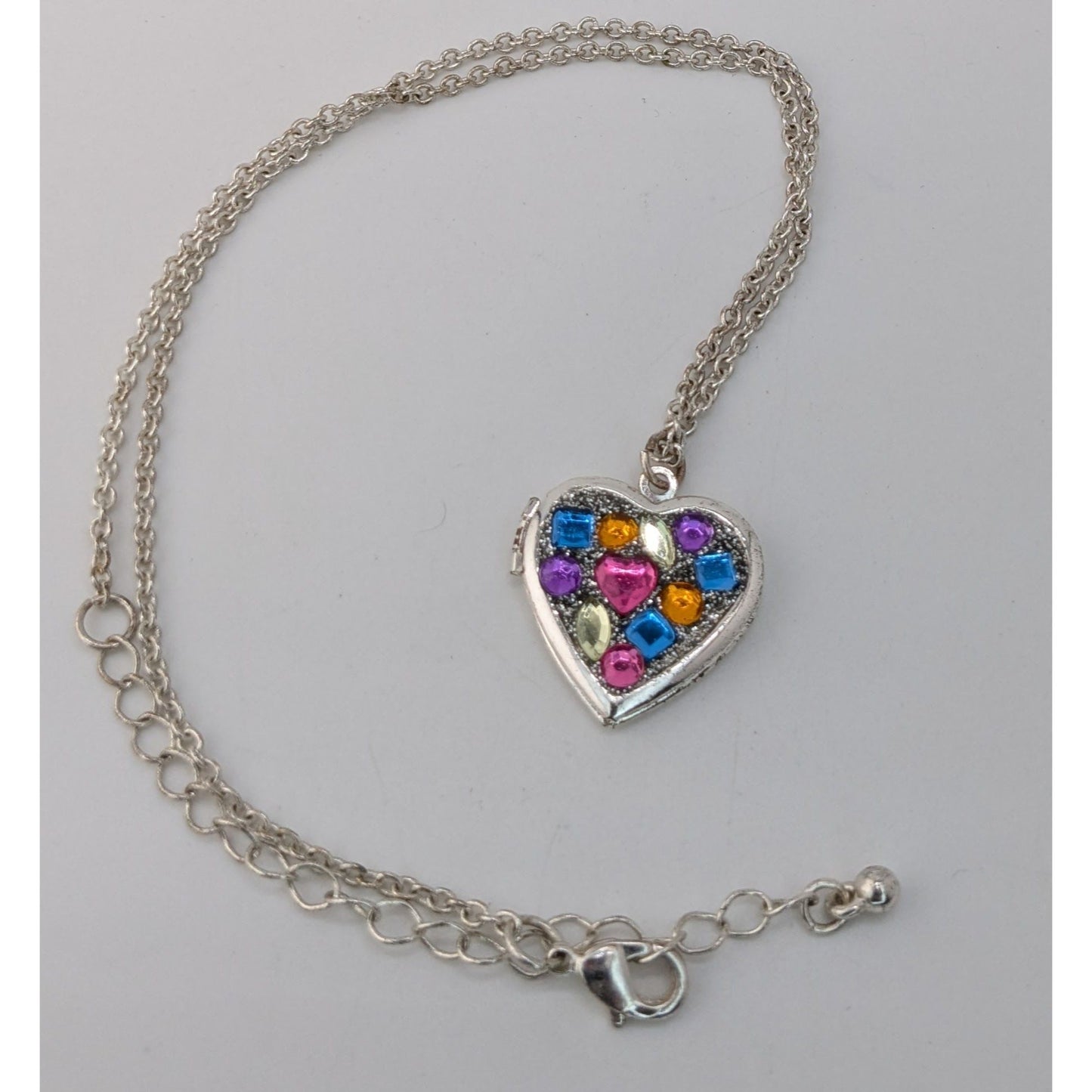 Heart Locket Necklace Rainbow Rhinestone Silver Tone Statement Pendant Cute Y2K Jewelry