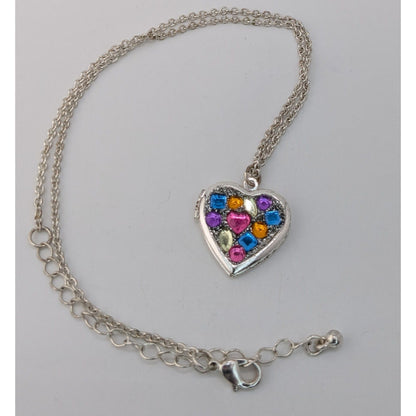 Heart Locket Necklace Rainbow Rhinestone Silver Tone Statement Pendant Cute Y2K Jewelry