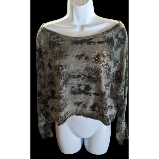 Dereon Studded Cropped Shirt Black Grey Slouchy Streetwear Top