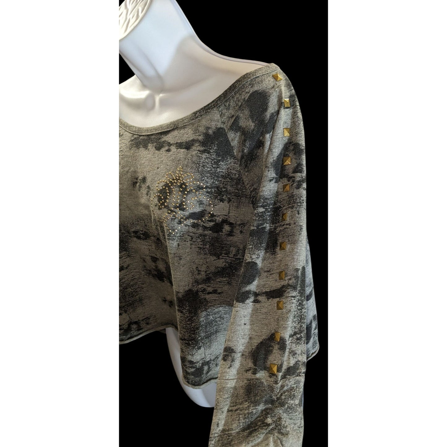Dereon Studded Cropped Shirt Black Grey Slouchy Streetwear Top