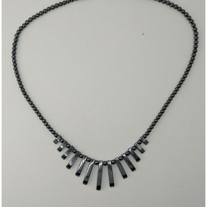 Vintage Boho Gothic Handmade Hematite Graduated Fringe Statement Necklace
