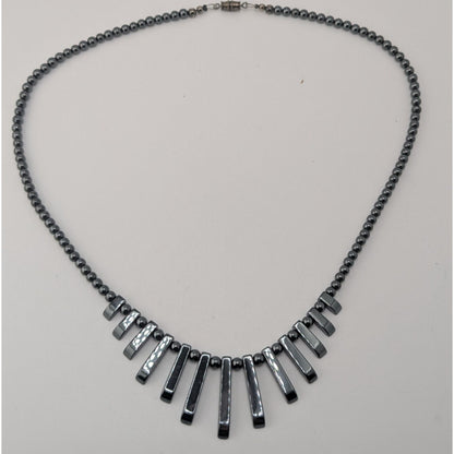 Vintage Boho Gothic Handmade Hematite Graduated Fringe Statement Necklace