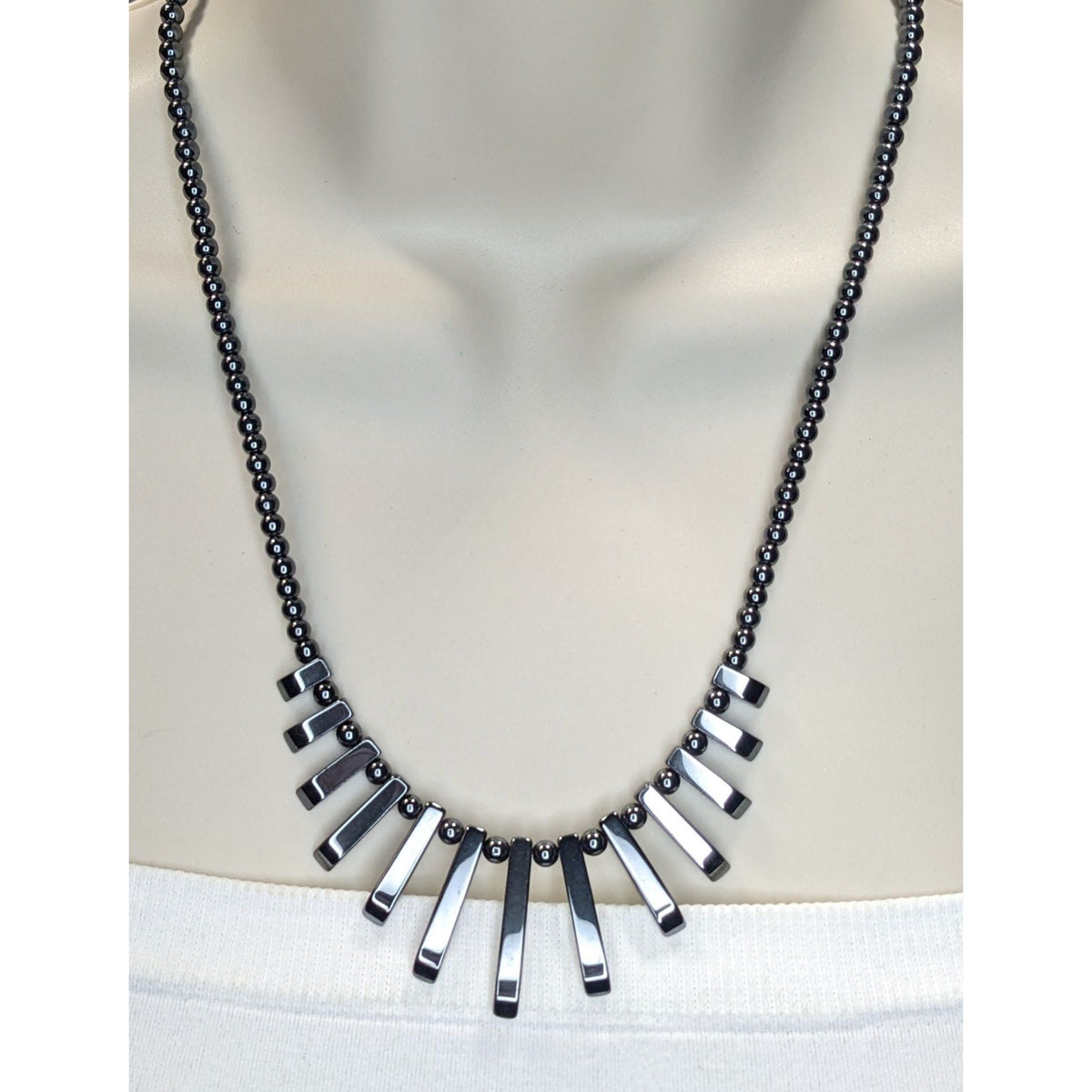 Vintage Boho Gothic Handmade Hematite Graduated Fringe Statement Necklace