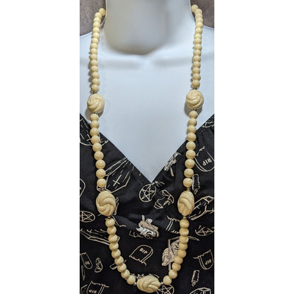 Vintage Round & Knot Beaded Necklace Cream Tone Retro Statement Jewelry