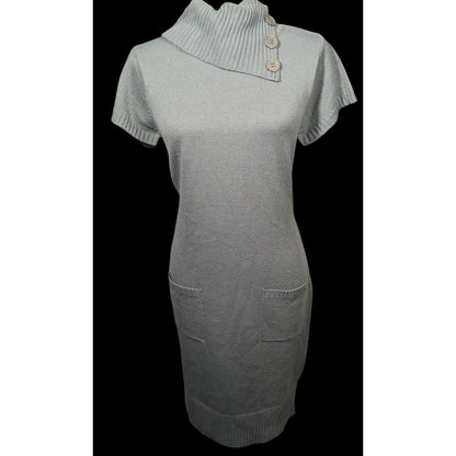 Tiana B Grey Asymmetrical Button Collared Sweater Dress With Pockets