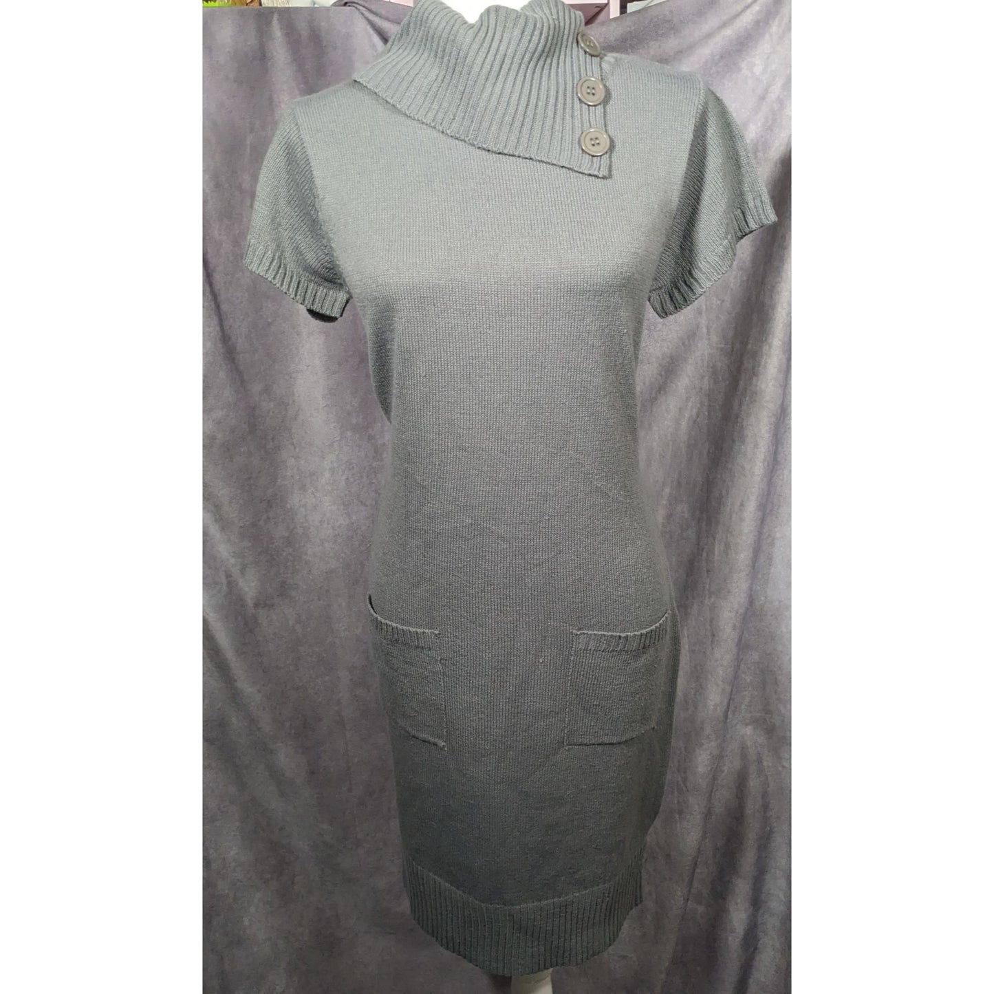 Tiana B Grey Asymmetrical Button Collared Sweater Dress With Pockets