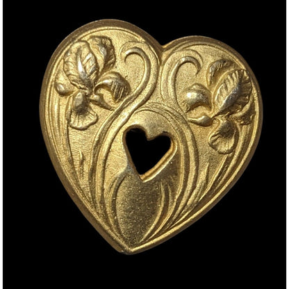 Vintage Gold Tone Heart Iris Embossed Floral Brooch