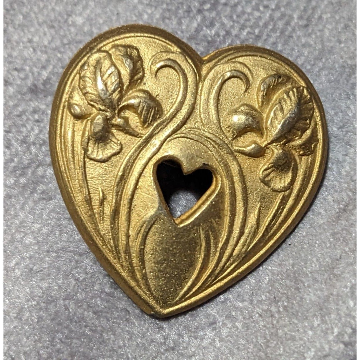 Vintage Gold Tone Heart Iris Embossed Floral Brooch