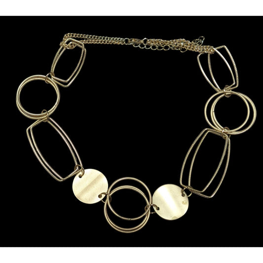 Modern Geometric Gold Tone Link And Disc Necklace