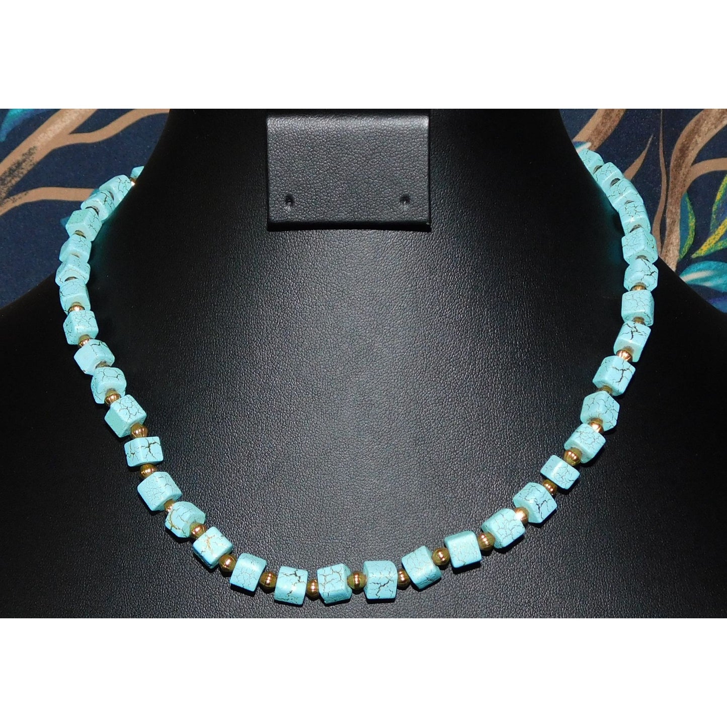 Elegant Faux Turquoise Cube And Gold Tone Beaded Necklace